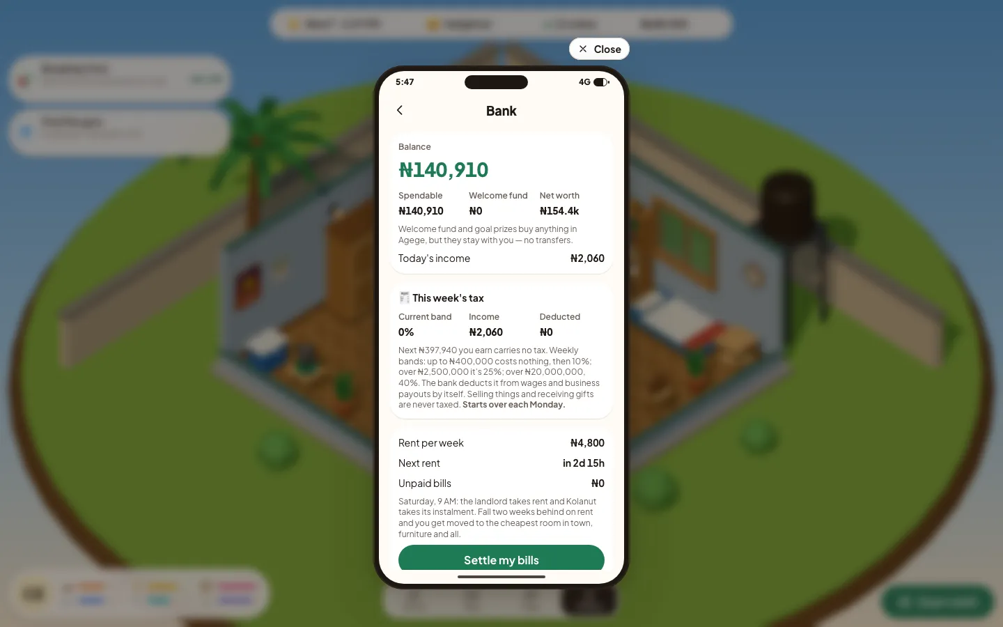 The Bank app: balance, today's income, this week's tax and the weekly rent.