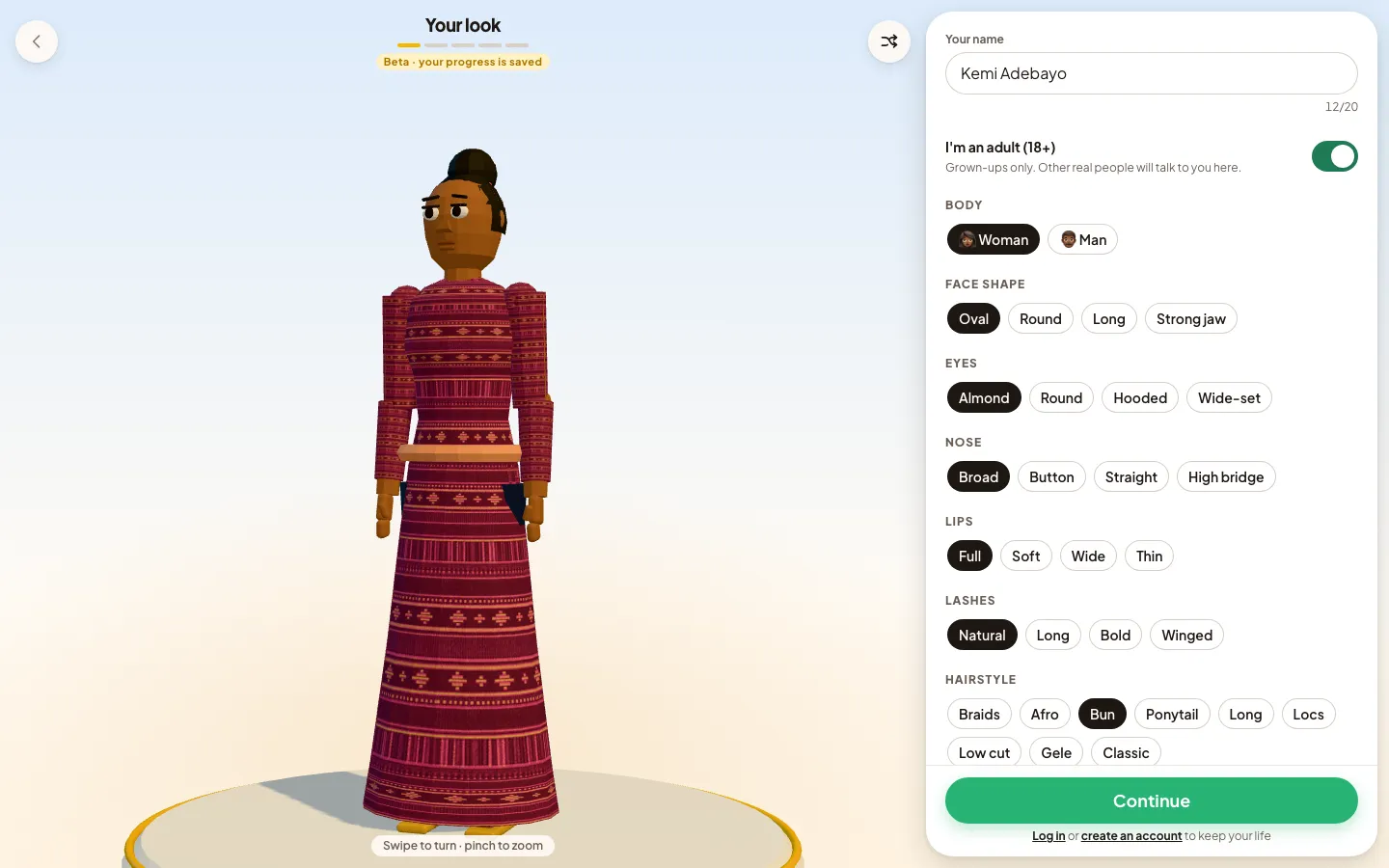 The Your look step: a woman in an aso-oke outfit with a bun, beside the name field, the 18+ switch and the body, hair, outfit, fabric and colour pickers.