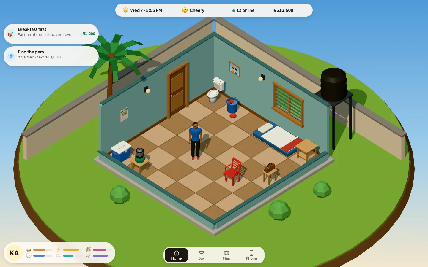 A self-contain room in the evening: bed, cooler box, stove, chair and radio, with the character standing in the middle.