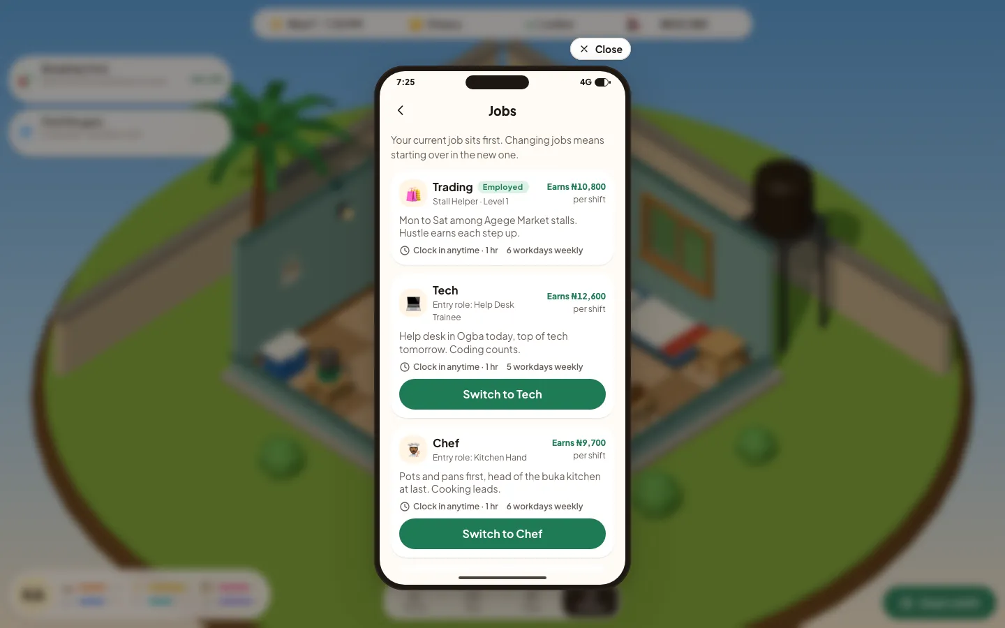The Jobs app on the phone, listing careers with their pay.